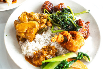 Malaysian Malay and Chinese Buffet Dinner Set with Spinach, Chicken, Rice, Pork Ribs etc.