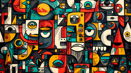 Obraz premium abstract cubism colorful wallpaper, face inspired forms and weird pattern flat lay background 