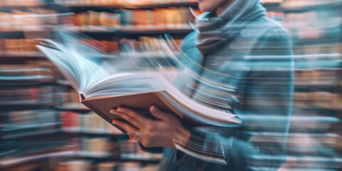 A close-up of a person flipping through the pages of a book, with motion blur conveying the quick action