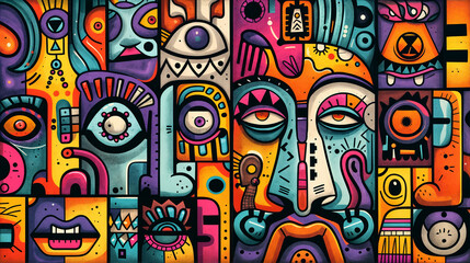 abstract cubism colorful wallpaper, face inspired forms and weird pattern flat lay background	