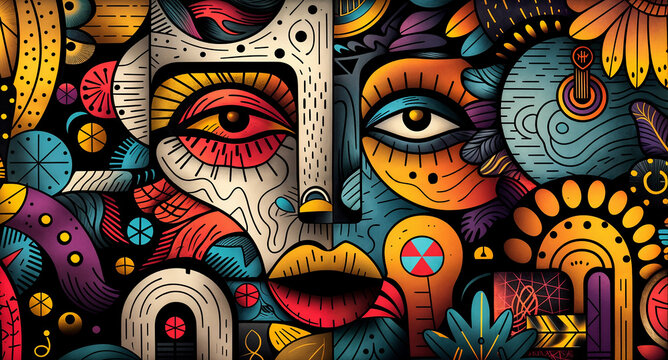 abstract cubism colorful wallpaper, face inspired forms and weird pattern flat lay background	