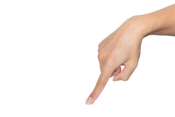 Human hand point down with index finger on transparent background. Gesture for touchscreen interface, direction, selection, or digital interaction. Isolated studio shot with copy space, clipping path