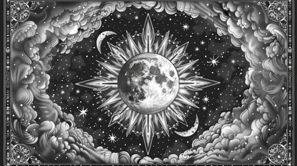 A detailed mandala incorporating celestial themes like stars and moons, perfect for a relaxation-themed coloring book.