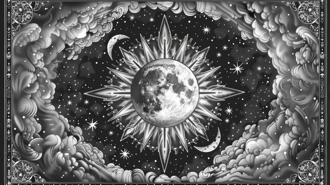 A detailed mandala incorporating celestial themes like stars and moons, perfect for a relaxation-themed coloring book.