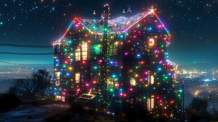 A house covered in colorful permanent LED Christmas lights towering in front of a city, its body a swirling mass of darkness dotted with stars, like a piece of the night sky brought to earth. It looms