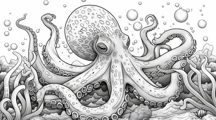 A fun coloring book design of an octopus with its arms outstretched, surrounded by bubbles, seaweed, and small sea creatures.