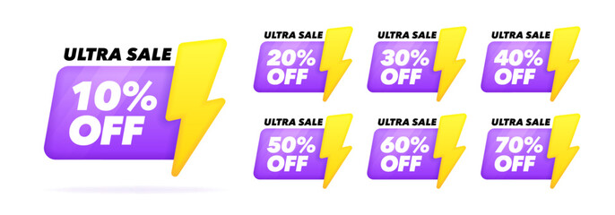 Set of ultra sale 3d banner with lightning bolt. Badges design with different value of discount. Banner template for business, shops, advertising , discount, sale. Modern vector illustration