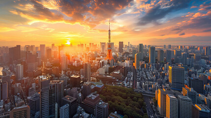 Tokyo skyline at sunset with cityscape and colorful sky