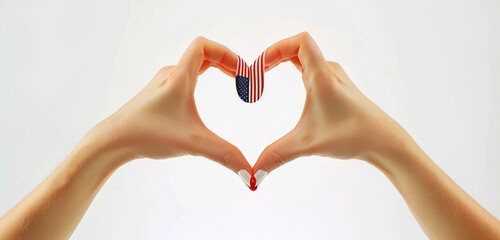Artistic depiction of female hands forming a heart shape around the US flag, set against a stark white Memorial Day theme.