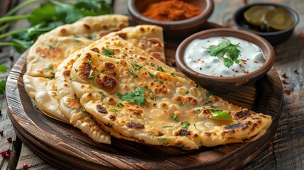 Aloo paratha, stuffed bread with spiced potatoes, served with yogurt and pickle on a traditional wooden board