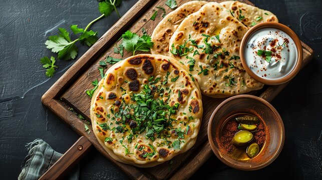 Aloo paratha, stuffed bread with spiced potatoes, served with yogurt and pickle on a traditional wooden board