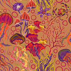 Watercolor seamless pattern on the marine theme with underwater plants, seaweeds, corals, starfish. Summer print. Perfect for design templates, wallpaper, wrapping, fabric and textile.