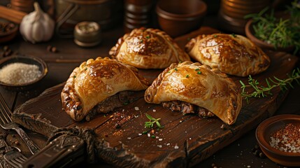 Argentine empanadas, baked pastries filled with beef and spices, served on a rustic wooden board with a Buenos Aires street scene