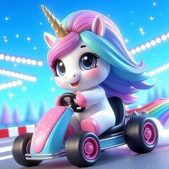 cute unicorn riding gocart cartoon , 3d Generative AI