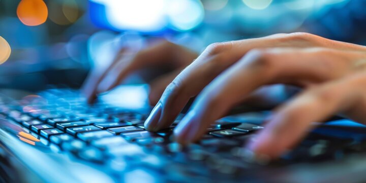 A close-up of a person typing quickly on a keyboard, with motion blur highlighting the fast finger movements.
