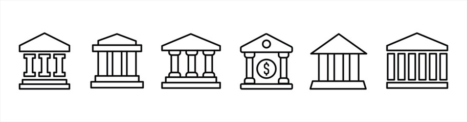 Bank icon set. Bank icon line style. Bank icon with different style. Banking icon for app and website. Government building. Transparent background. Bank icon sign and symbol. Vector illustration.