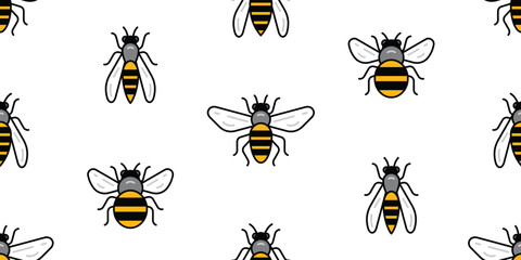 Seamless Bee Pattern. Bee, Hornet, Bumblebee, Wasp. Buzzing insects icons. Linear style. Modern vector illustration