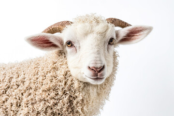 Fototapeta premium Closeup portrait of a white sheep with curly fur
