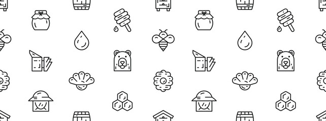 Seamless pattern with Honey and beekeeping icons. Production of honey, beekeeping equipment. Linear style