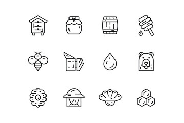 Honey and beekeeping icons. Production of honey, beekeeping equipment. Linear style