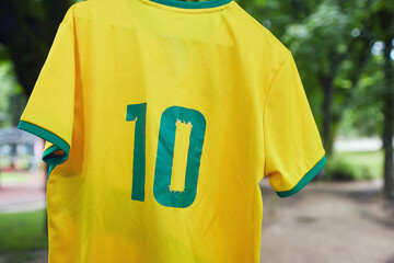 Yellow sports team t shirt with green number ten (10) on the back