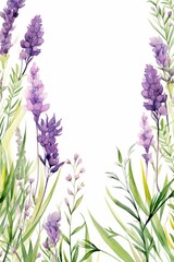 Naklejka premium lavender themed frame or border for photos and text.delicate purple flowers and green stems. watercolor illustration, Perfect for nursery art, simple clipart, single object, white color background. 
