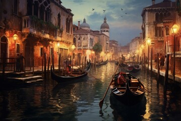 Gondolier navigates the calm waters of a venice canal against a backdrop of historic architecture at dusk - Powered by Adobe