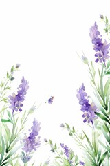 Obraz premium lavender themed frame or border for photos and text.delicate purple flowers and green stems. watercolor illustration, Perfect for nursery art, simple clipart, single object, white color background. 