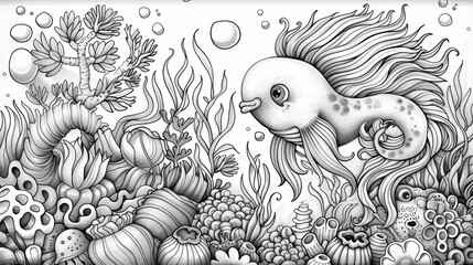 A whimsical coloring book page with a pattern of playful sea creatures and underwater plants, ideal for ocean lovers.