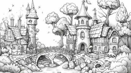 Fototapeta premium A whimsical coloring scene of a fairy village, with tiny houses and bridges, and fairies going about their daily lives.