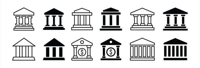 Bank icon set. Bank icon with different style. Banking icon for app and website. Government building. Transparent background. Bank icon sign and symbol. Vector illustration.