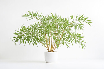 Green Bamboo Plant in a White Pot on a White Background