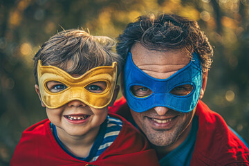 Father and son dressed up a wearing superhero masks. Father's dad image