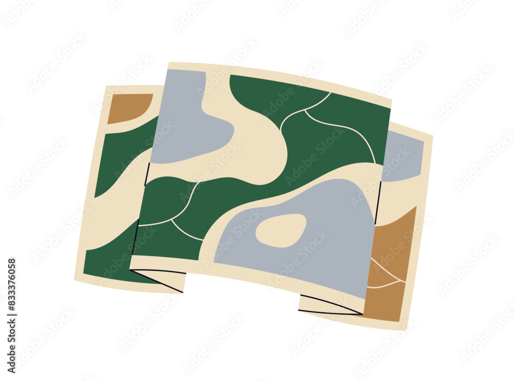 Poster Paper map for travel and navigation. Guide for journey and trip. Abstract region with land, roads and water. Hiking touristic navigator. Flat vector illustration isolated on white background