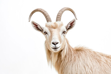 Close-up Portrait of a Curious Goat with Large Horns