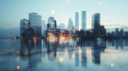 Abstract cityscape with skyscrapers reflected in water, illuminated by city lights in the evening, creating a serene atmosphere.