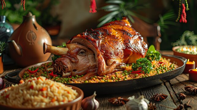 Colombian lechona, roasted pig stuffed with rice and peas, served on a festive table with a Colombian countryside backdrop