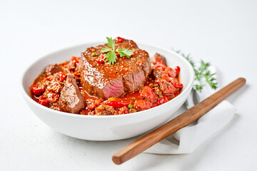 Steak with Tomato Sauce in White Bowl