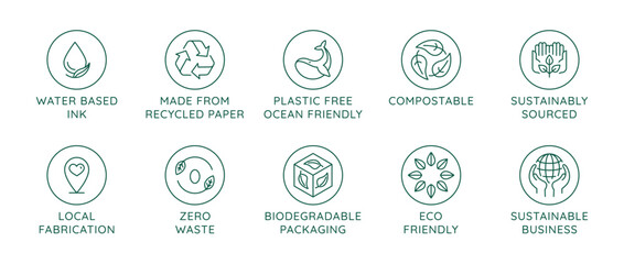 Vector simple line icons and illustration, eco, bio and organic packaging badges, ecological, environment friendly and sustainable development, eco and ocean friendly, plastic free,  compostable