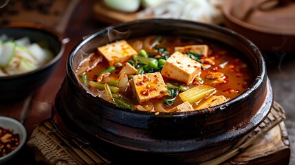A steaming bowl of spicy Korean tofu stew, made with silken tofu, vegetables, and a gochugaru-based sauce.