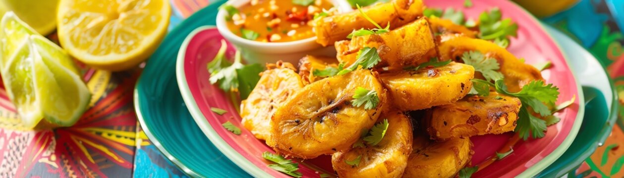 Crispy, golden brown tostones with a side of spicy mojo sauce. A delicious and easy-to-make appetizer or snack.