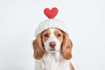 Puppy Wearing White Knit Hat With Red Heart