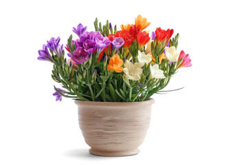 Fototapeta premium Colorful Freesia Plant in a Pot with Greenery