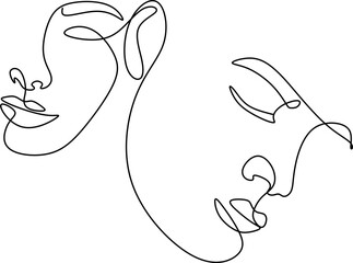 Linear drawing of two faces man and woman .Kiss of a couple in love