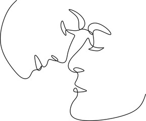 Linear drawing of two faces man and woman .Kiss of a couple in love