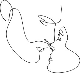 Linear drawing of two faces man and woman .Kiss of a couple in love