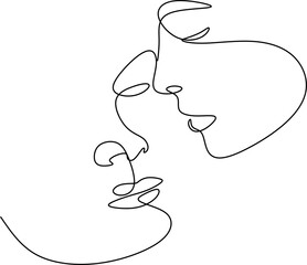 Linear drawing of two faces man and woman .Kiss of a couple in love