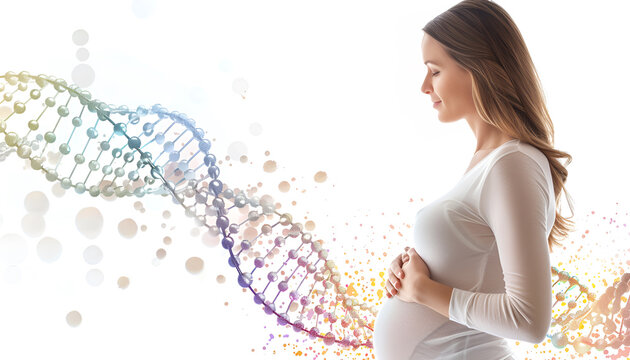 Pregnant woman and illustration of DNA structure on white background, closeup