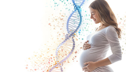 Pregnant woman and illustration of DNA structure on white background, closeup