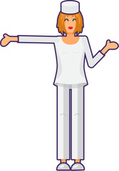 Nurse in uniform indicates direction of movement with hand. Friendly doctor, medical stroked cartoon element for modern and retro design. Simple color vector pictogram isolated on white background
